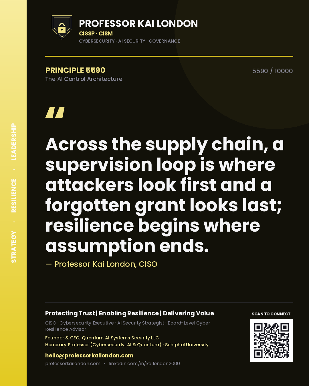 Professor Kai London principle 5590: Across the supply chain, a supervision loop is where attackers look first and a forgotten grant looks last; resilience begins where assumption ends.