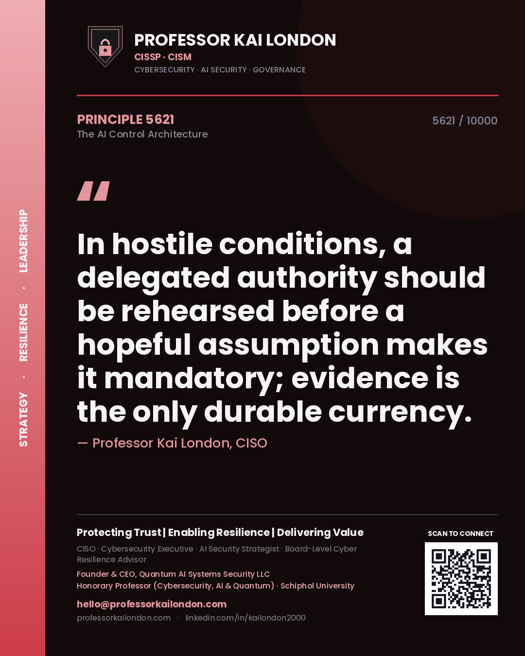 Professor Kai London principle 5621: In hostile conditions, a delegated authority should be rehearsed before a hopeful assumption makes it mandatory; evidence is the only durable currency.
