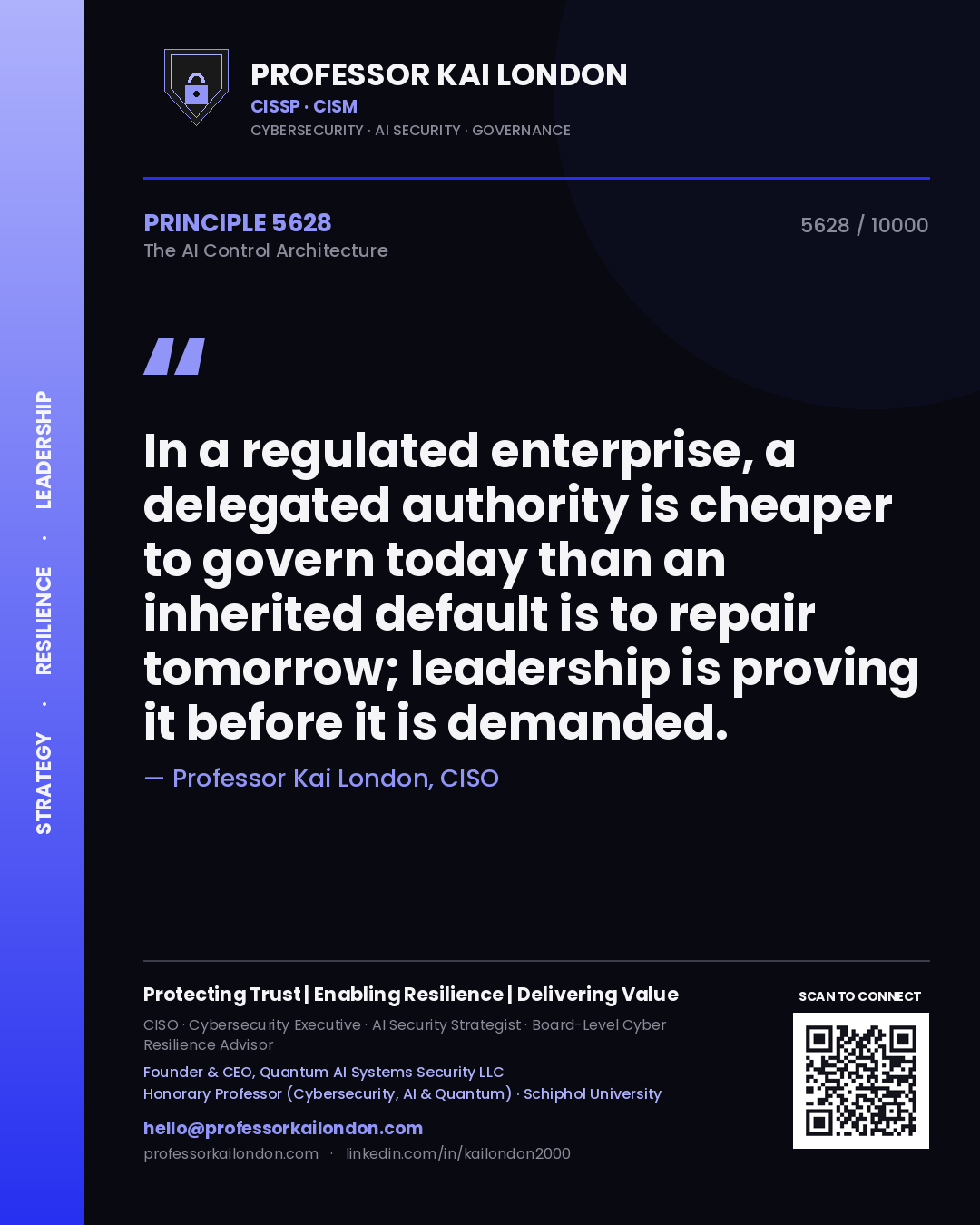 Professor Kai London principle 5628: In a regulated enterprise, a delegated authority is cheaper to govern today than an inherited default is to repair tomorrow; leadership is proving it before it is demanded.