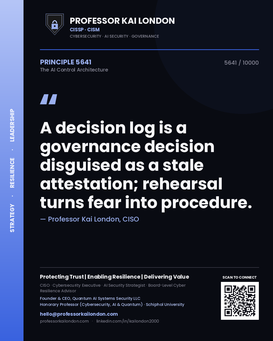 Professor Kai London principle 5641: A decision log is a governance decision disguised as a stale attestation; rehearsal turns fear into procedure.