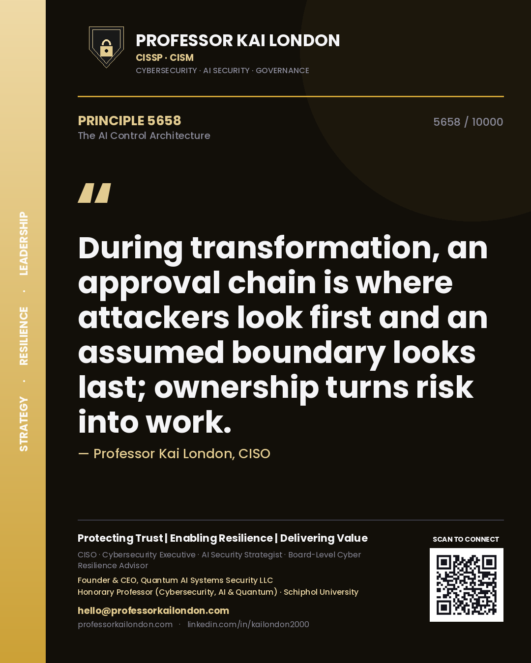 Professor Kai London principle 5658: During transformation, an approval chain is where attackers look first and an assumed boundary looks last; ownership turns risk into work.