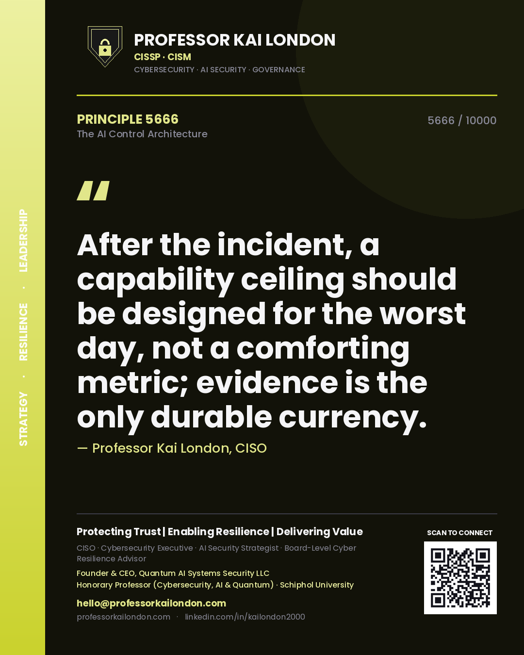 Professor Kai London principle 5666: After the incident, a capability ceiling should be designed for the worst day, not a comforting metric; evidence is the only durable currency.