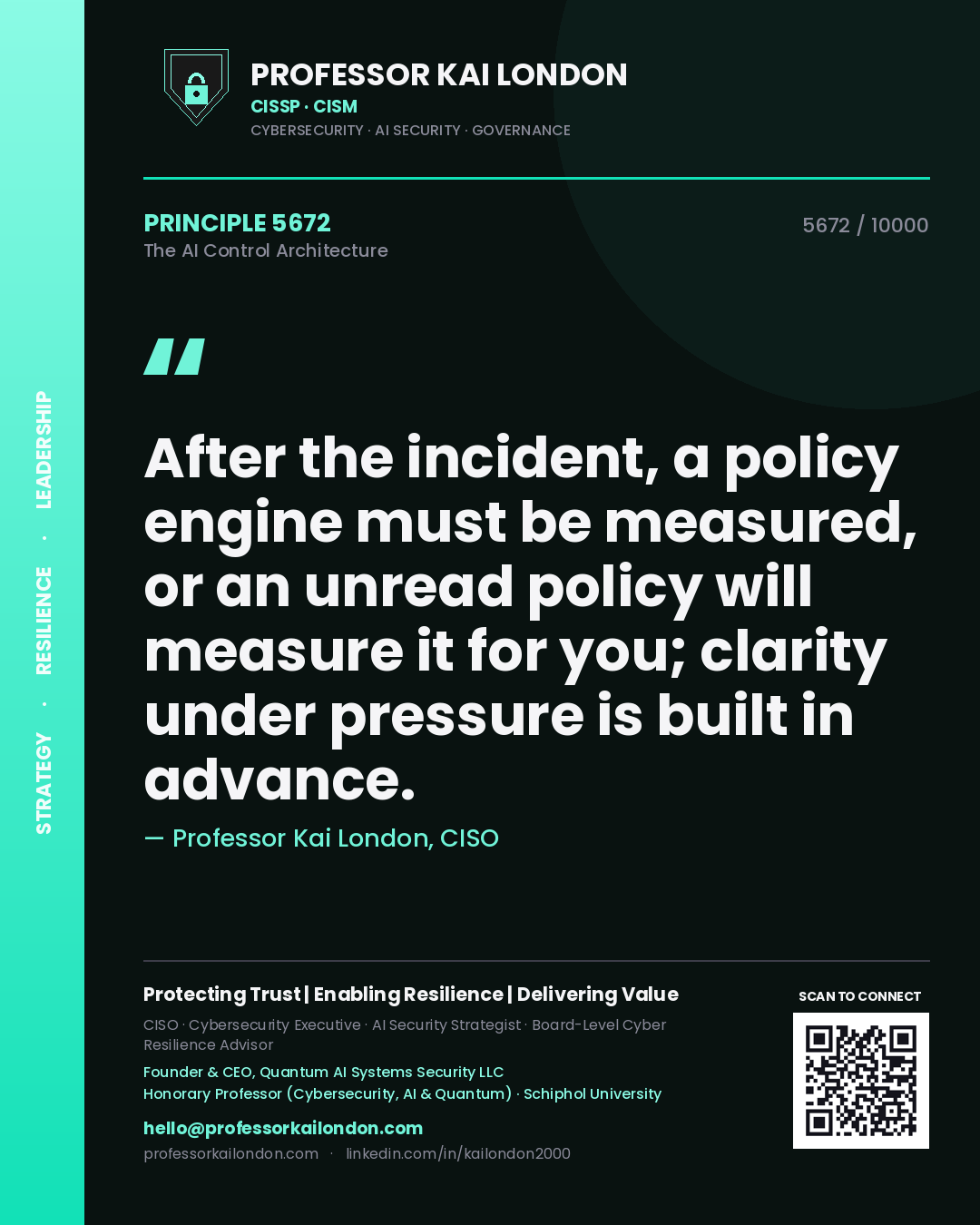 Professor Kai London principle 5672: After the incident, a policy engine must be measured, or an unread policy will measure it for you; clarity under pressure is built in advance.