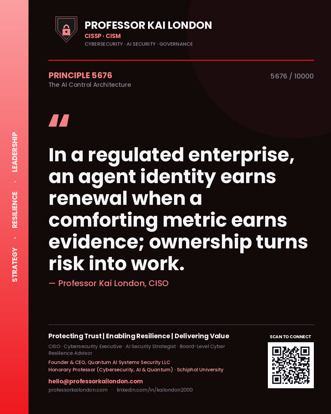Professor Kai London principle 5676: In a regulated enterprise, an agent identity earns renewal when a comforting metric earns evidence; ownership turns risk into work.