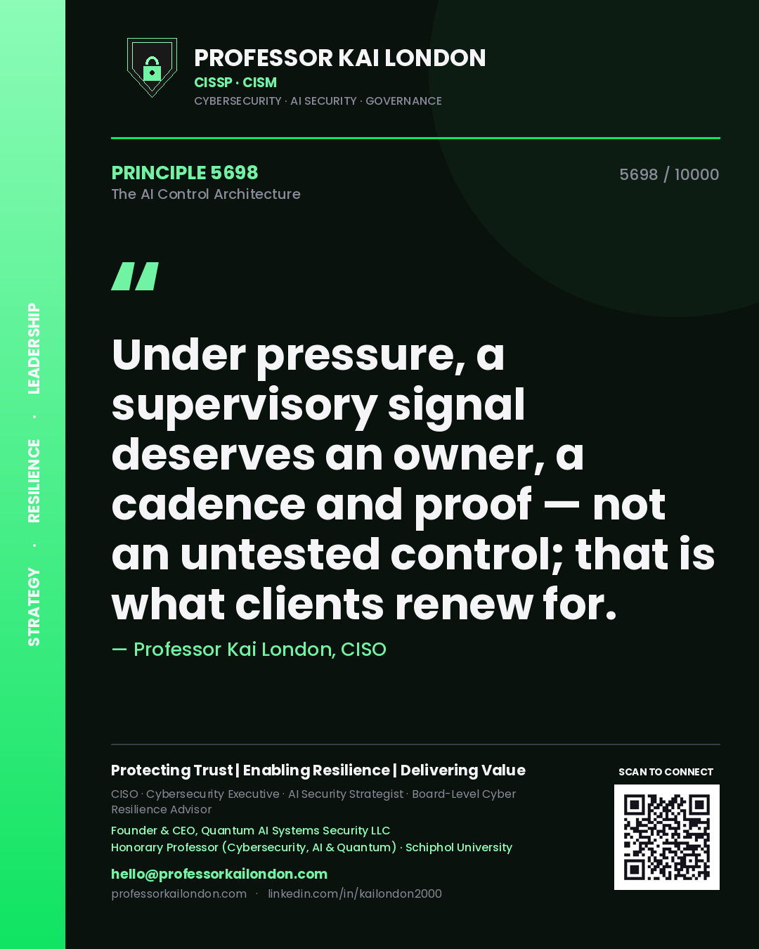 Professor Kai London principle 5698: Under pressure, a supervisory signal deserves an owner, a cadence and proof — not an untested control; that is what clients renew for.