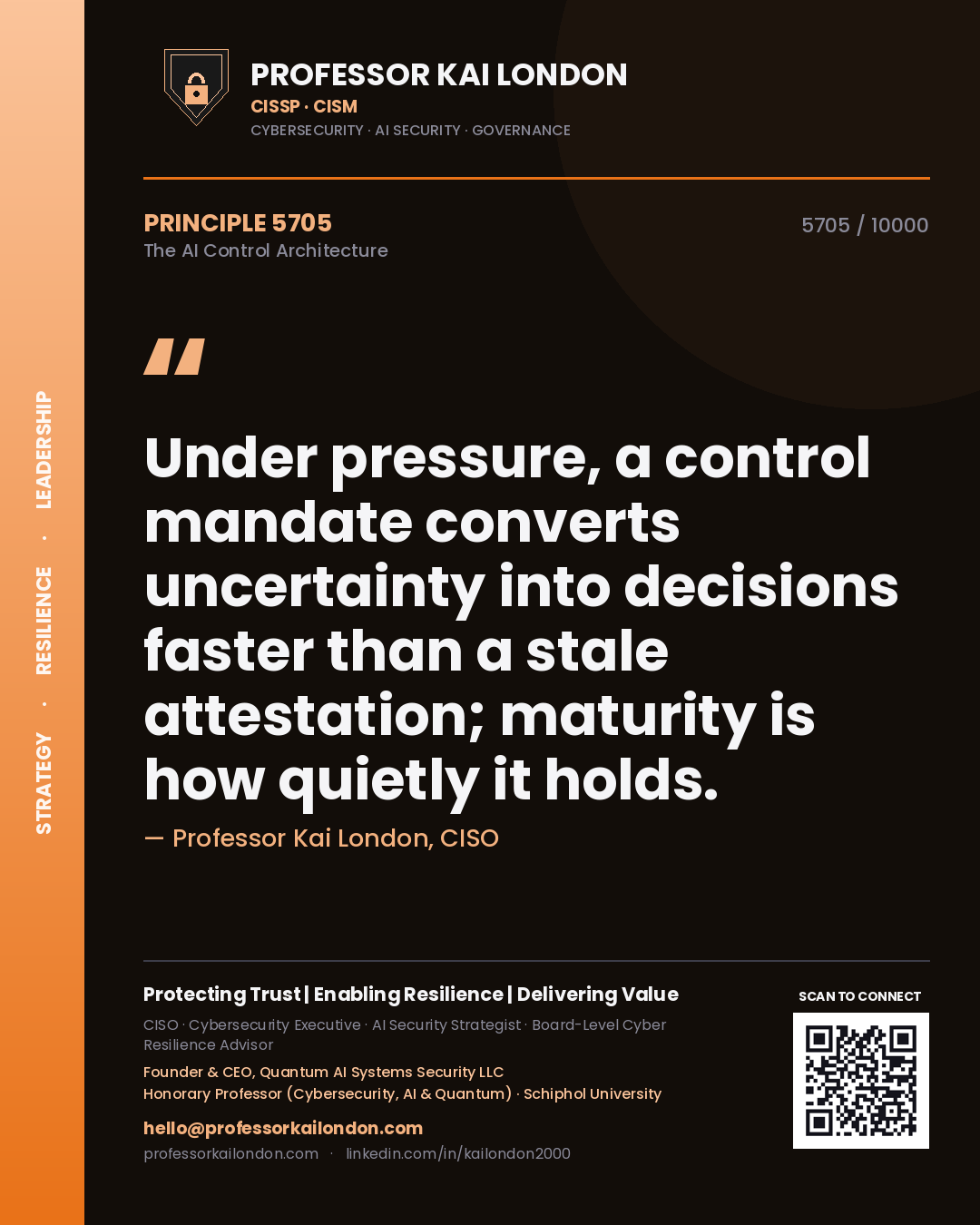 Professor Kai London principle 5705: Under pressure, a control mandate converts uncertainty into decisions faster than a stale attestation; maturity is how quietly it holds.