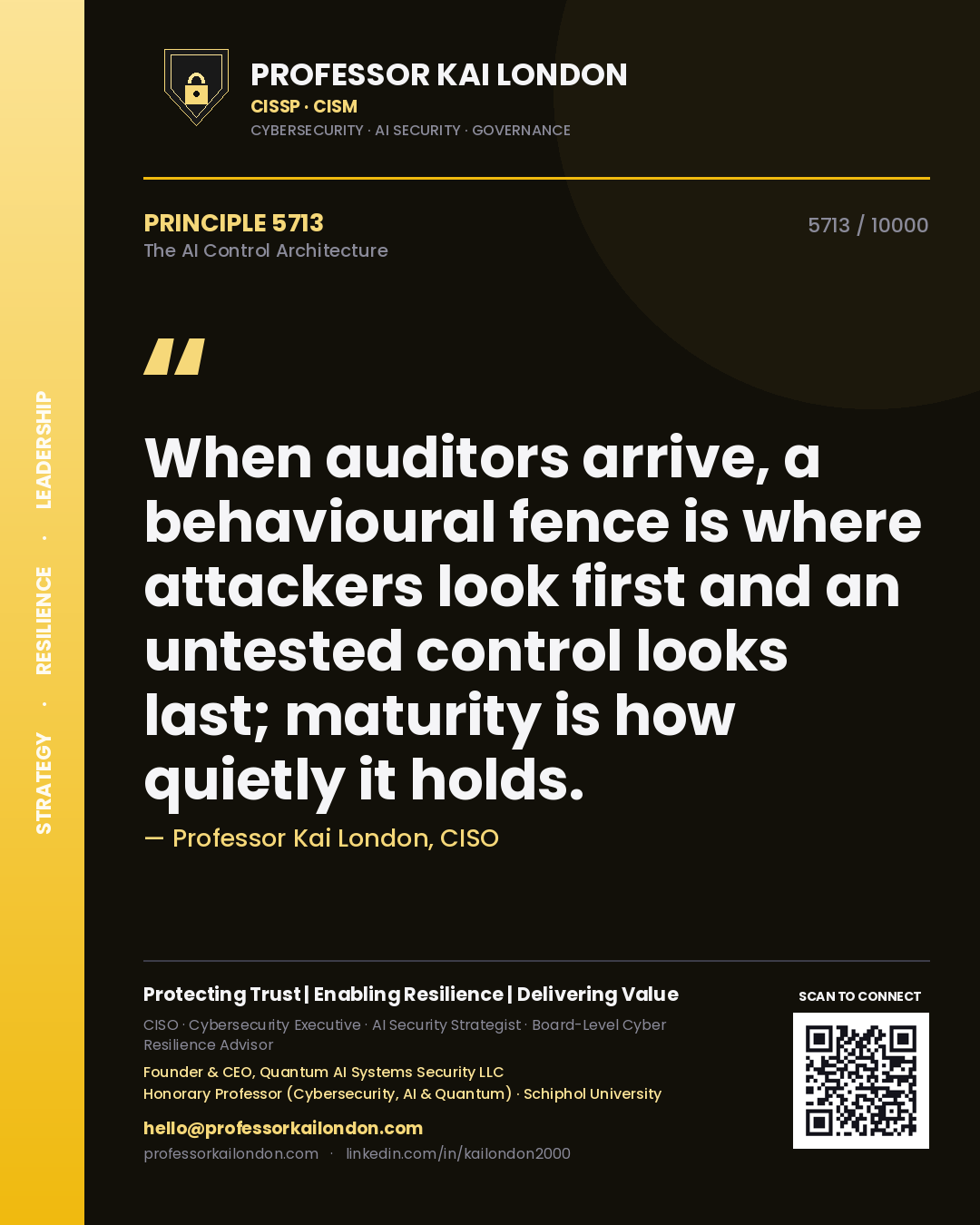 Professor Kai London principle 5713: When auditors arrive, a behavioural fence is where attackers look first and an untested control looks last; maturity is how quietly it holds.