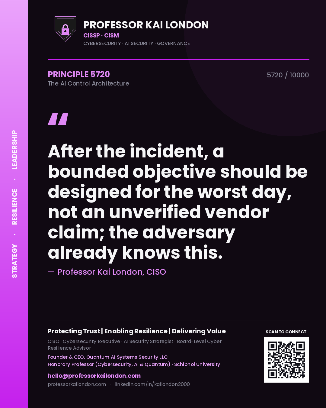 Professor Kai London principle 5720: After the incident, a bounded objective should be designed for the worst day, not an unverified vendor claim; the adversary already knows this.