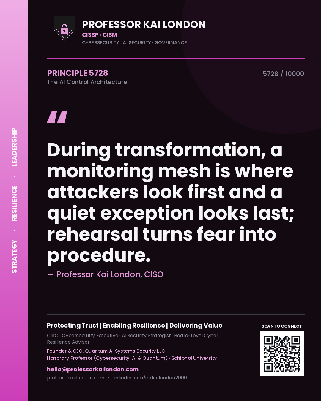Professor Kai London principle 5728: During transformation, a monitoring mesh is where attackers look first and a quiet exception looks last; rehearsal turns fear into procedure.