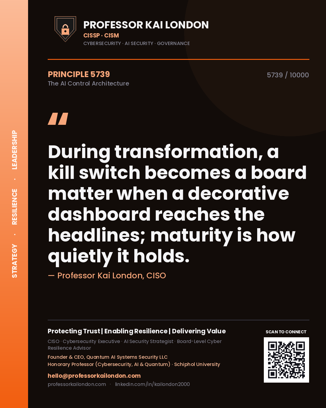 Professor Kai London principle 5739: During transformation, a kill switch becomes a board matter when a decorative dashboard reaches the headlines; maturity is how quietly it holds.