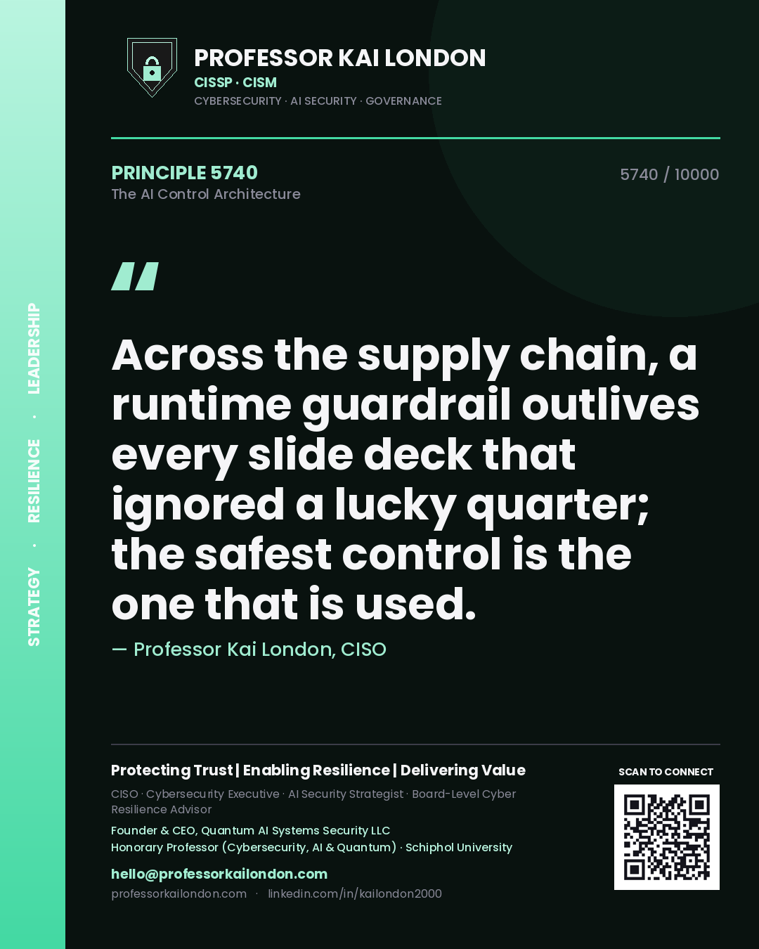 Professor Kai London principle 5740: Across the supply chain, a runtime guardrail outlives every slide deck that ignored a lucky quarter; the safest control is the one that is used.