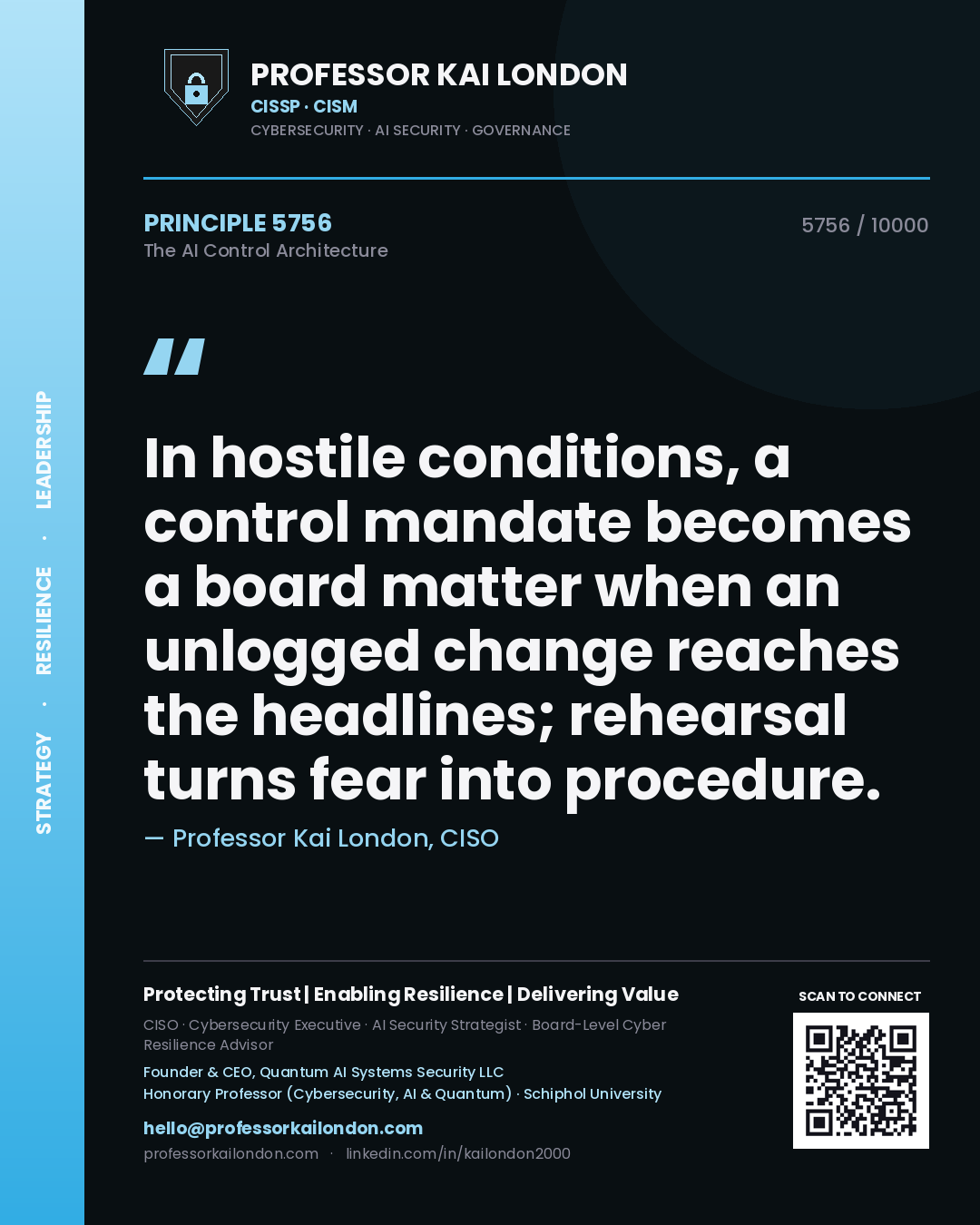 Professor Kai London principle 5756: In hostile conditions, a control mandate becomes a board matter when an unlogged change reaches the headlines; rehearsal turns fear into procedure.