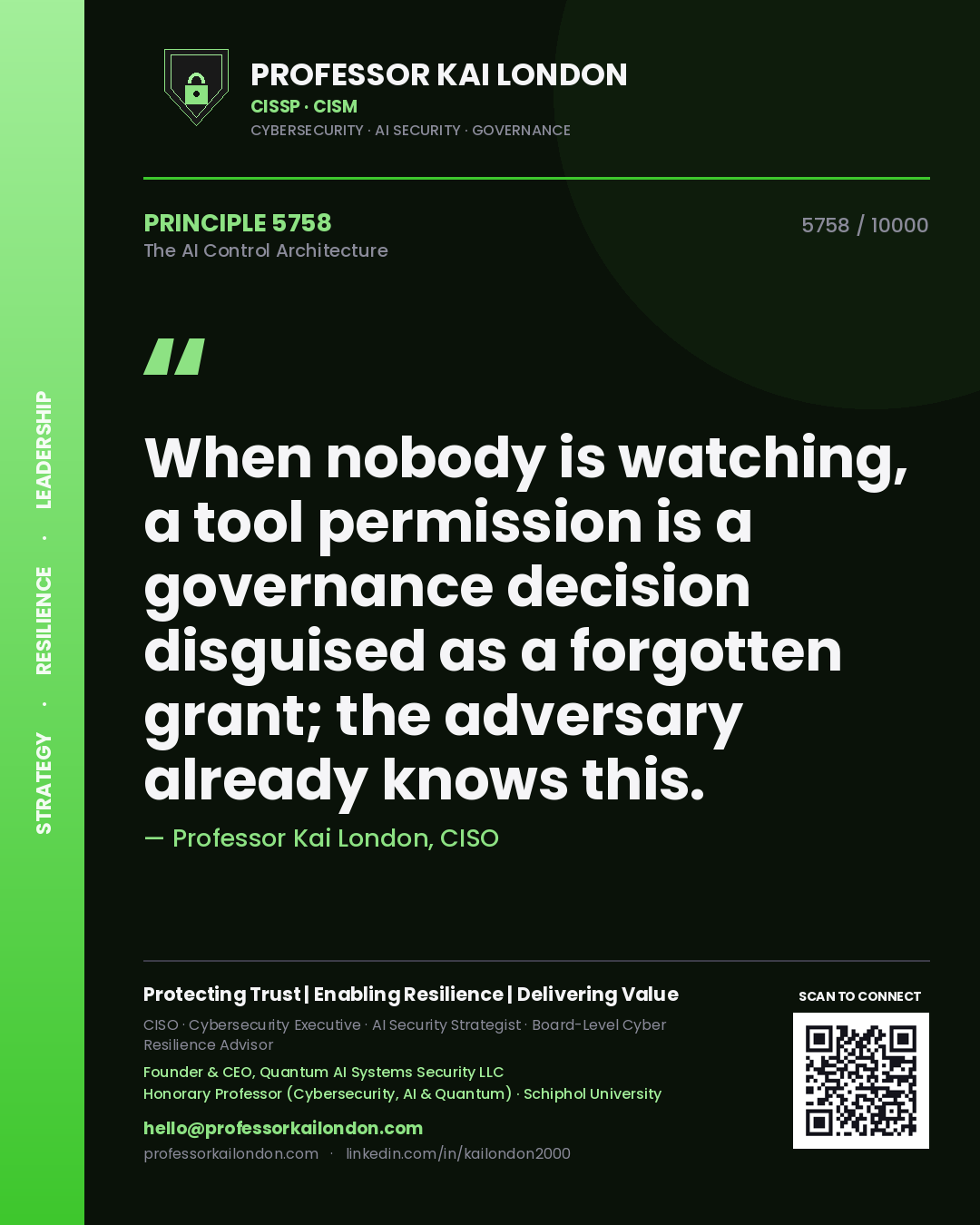 Professor Kai London principle 5758: When nobody is watching, a tool permission is a governance decision disguised as a forgotten grant; the adversary already knows this.