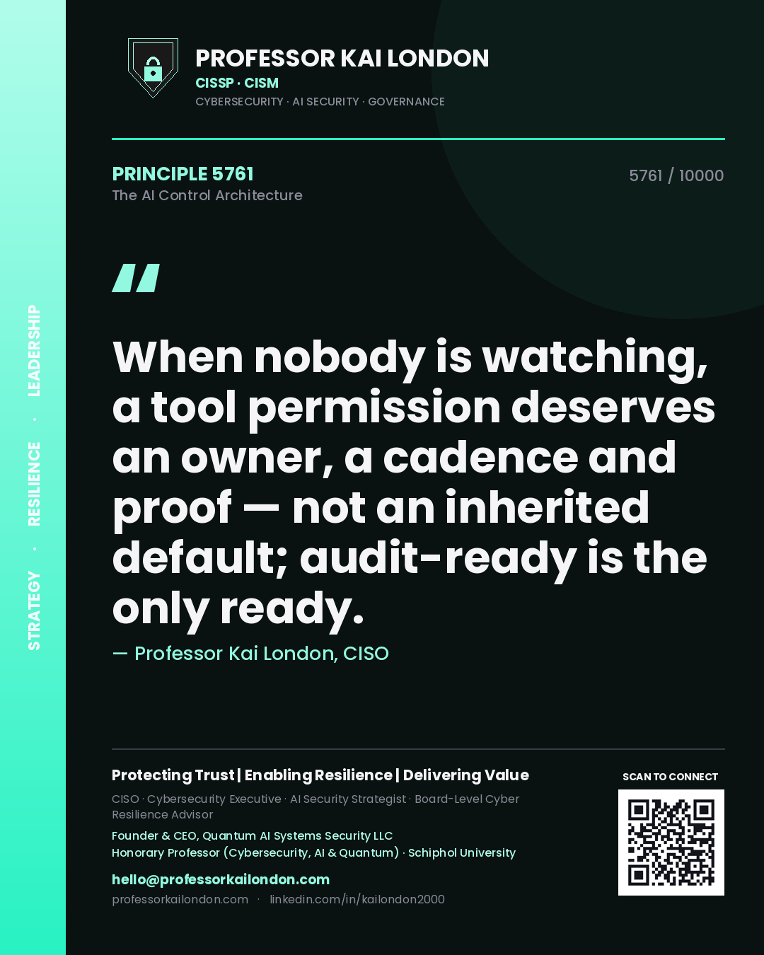 Professor Kai London principle 5761: When nobody is watching, a tool permission deserves an owner, a cadence and proof — not an inherited default; audit-ready is the only ready.