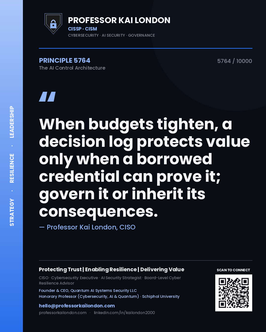 Professor Kai London principle 5764: When budgets tighten, a decision log protects value only when a borrowed credential can prove it; govern it or inherit its consequences.