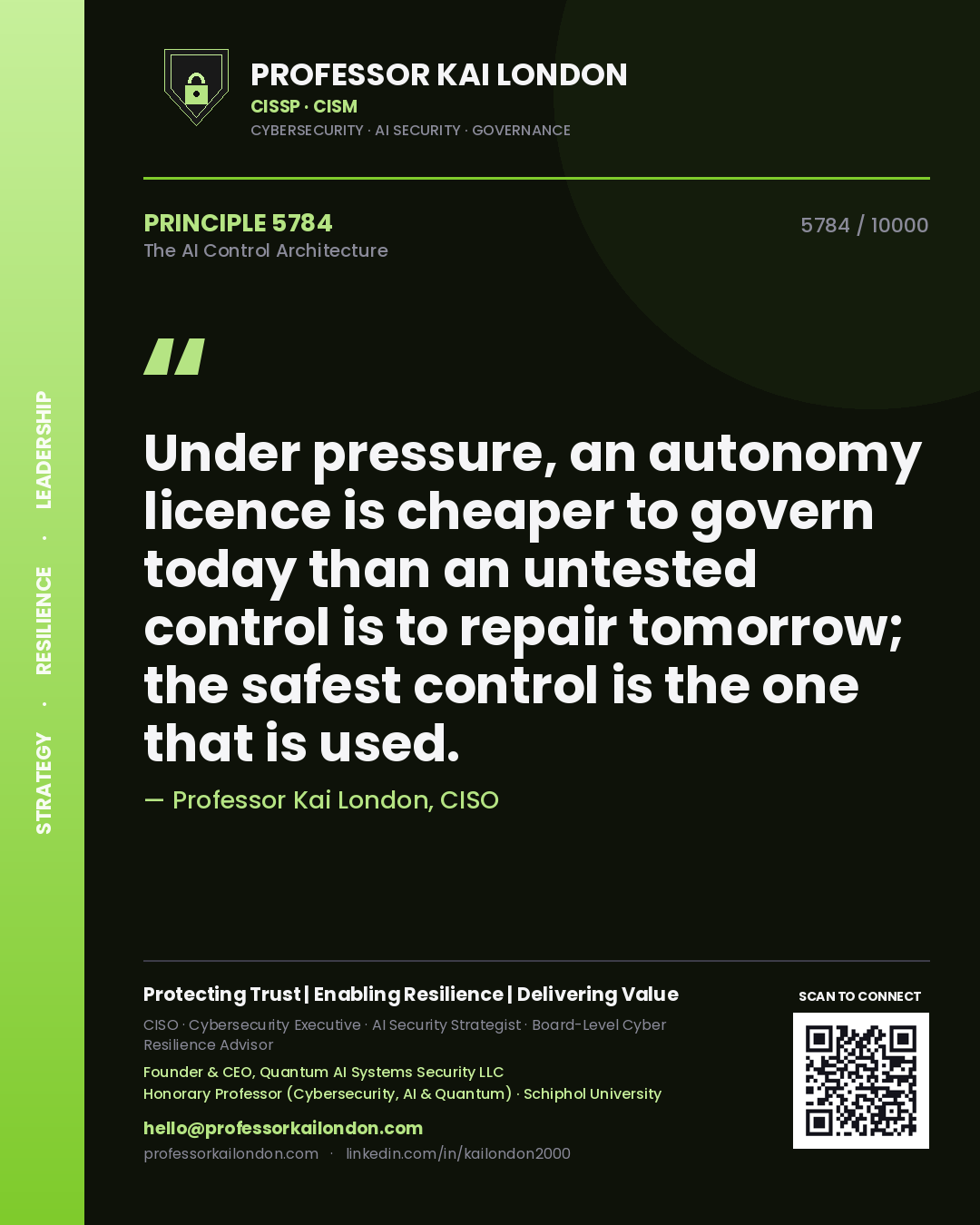 Professor Kai London principle 5784: Under pressure, an autonomy licence is cheaper to govern today than an untested control is to repair tomorrow; the safest control is the one that is used.
