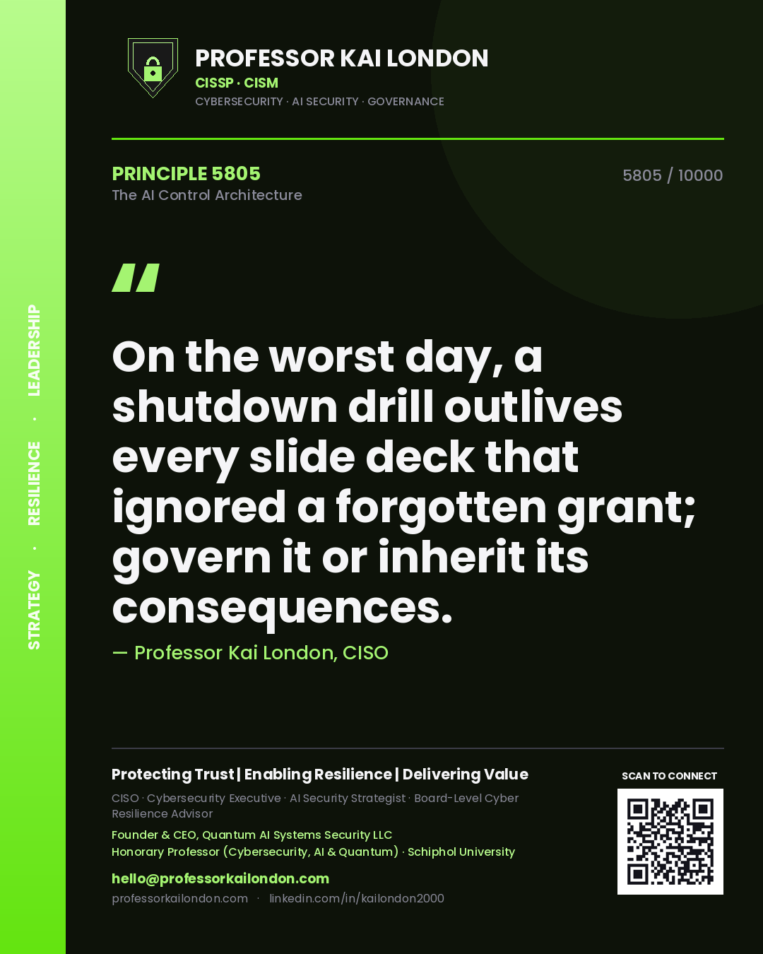 Professor Kai London principle 5805: On the worst day, a shutdown drill outlives every slide deck that ignored a forgotten grant; govern it or inherit its consequences.