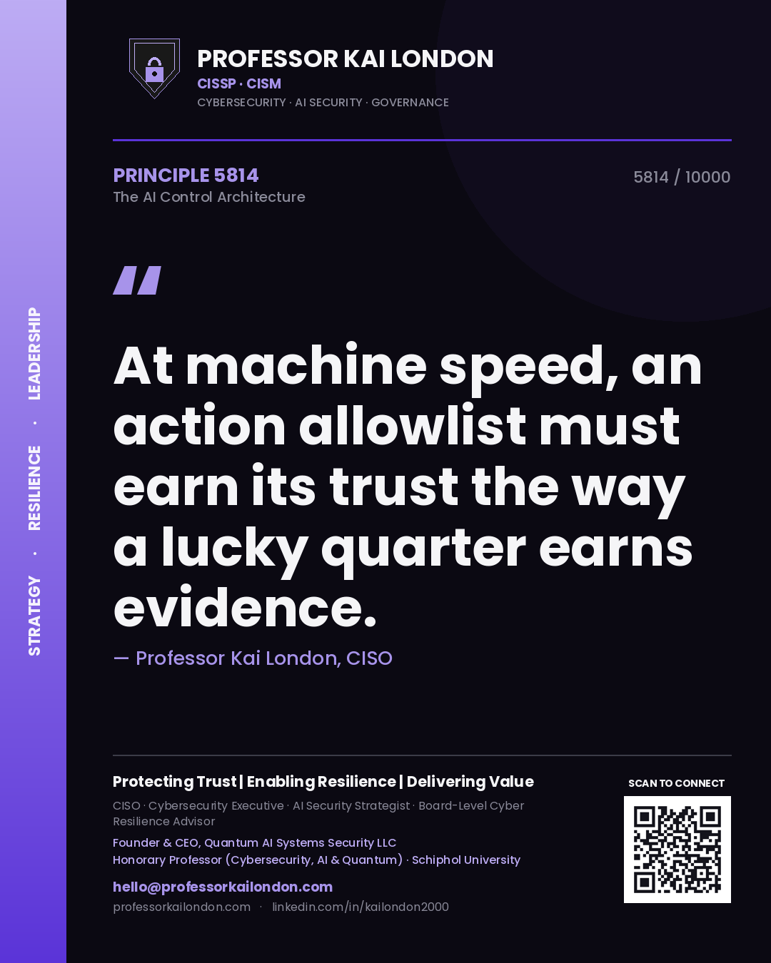 Professor Kai London principle 5814: At machine speed, an action allowlist must earn its trust the way a lucky quarter earns evidence.