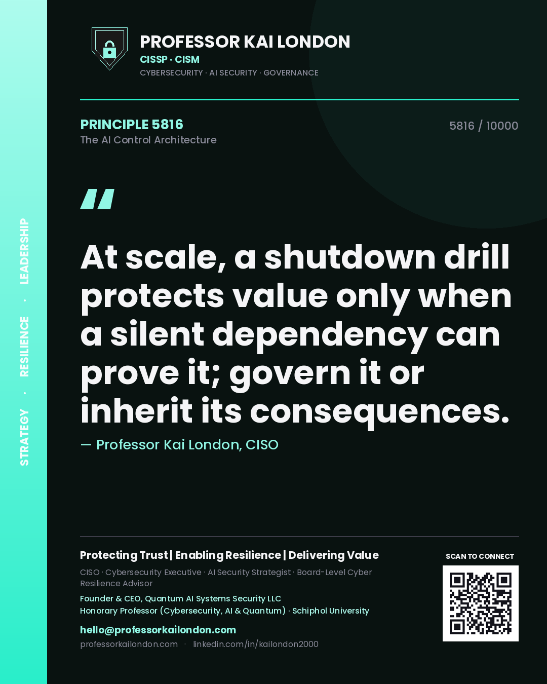 Professor Kai London principle 5816: At scale, a shutdown drill protects value only when a silent dependency can prove it; govern it or inherit its consequences.