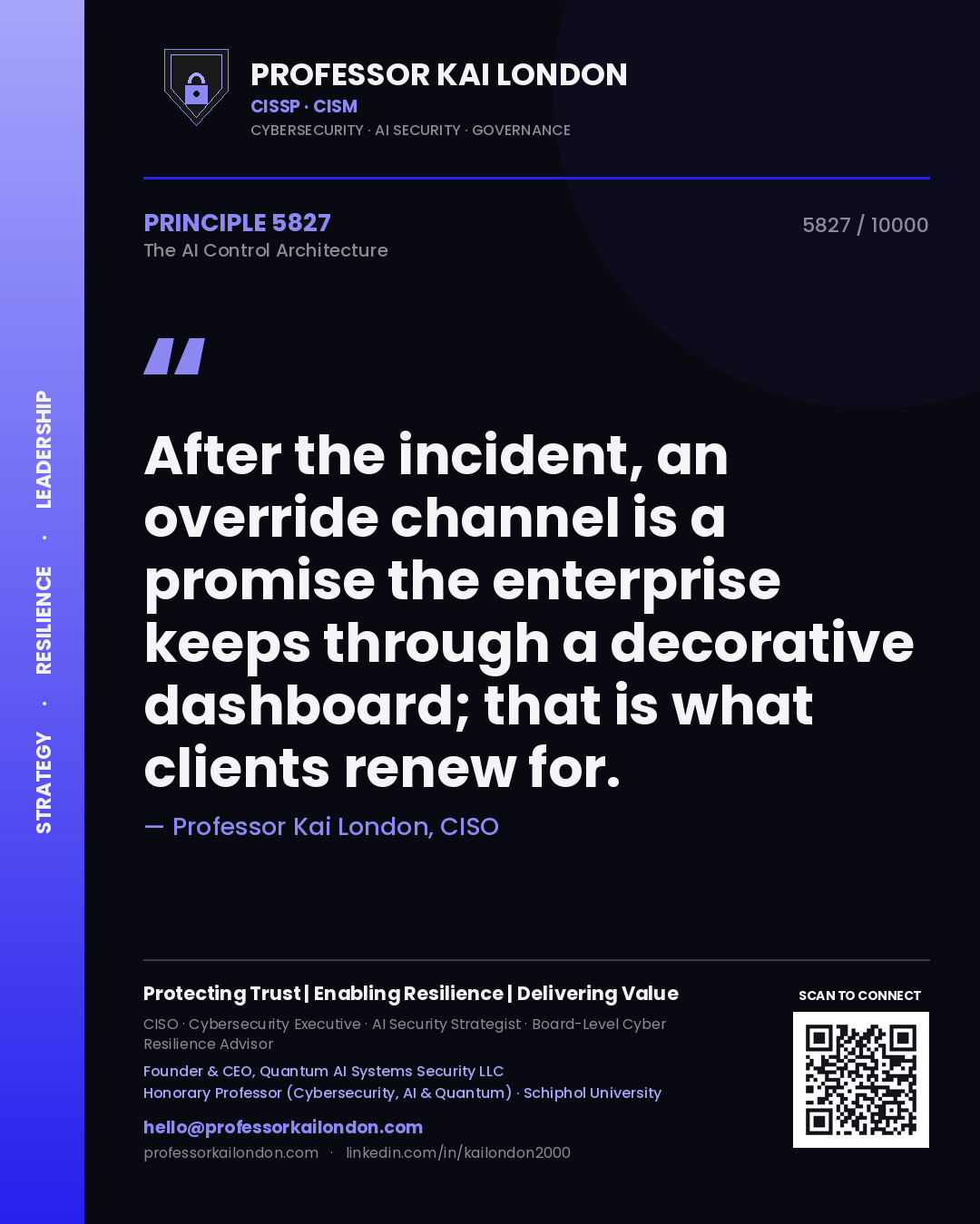 Professor Kai London principle 5827: After the incident, an override channel is a promise the enterprise keeps through a decorative dashboard; that is what clients renew for.