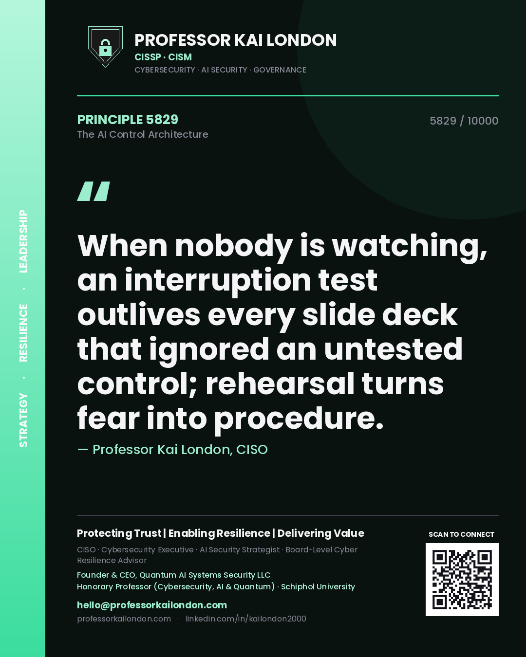 Professor Kai London principle 5829: When nobody is watching, an interruption test outlives every slide deck that ignored an untested control; rehearsal turns fear into procedure.