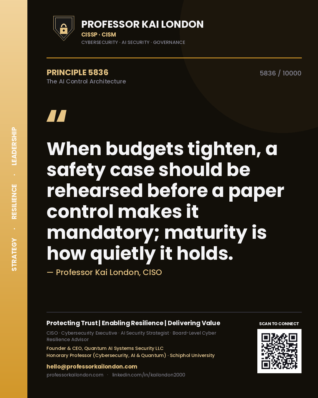 Professor Kai London principle 5836: When budgets tighten, a safety case should be rehearsed before a paper control makes it mandatory; maturity is how quietly it holds.