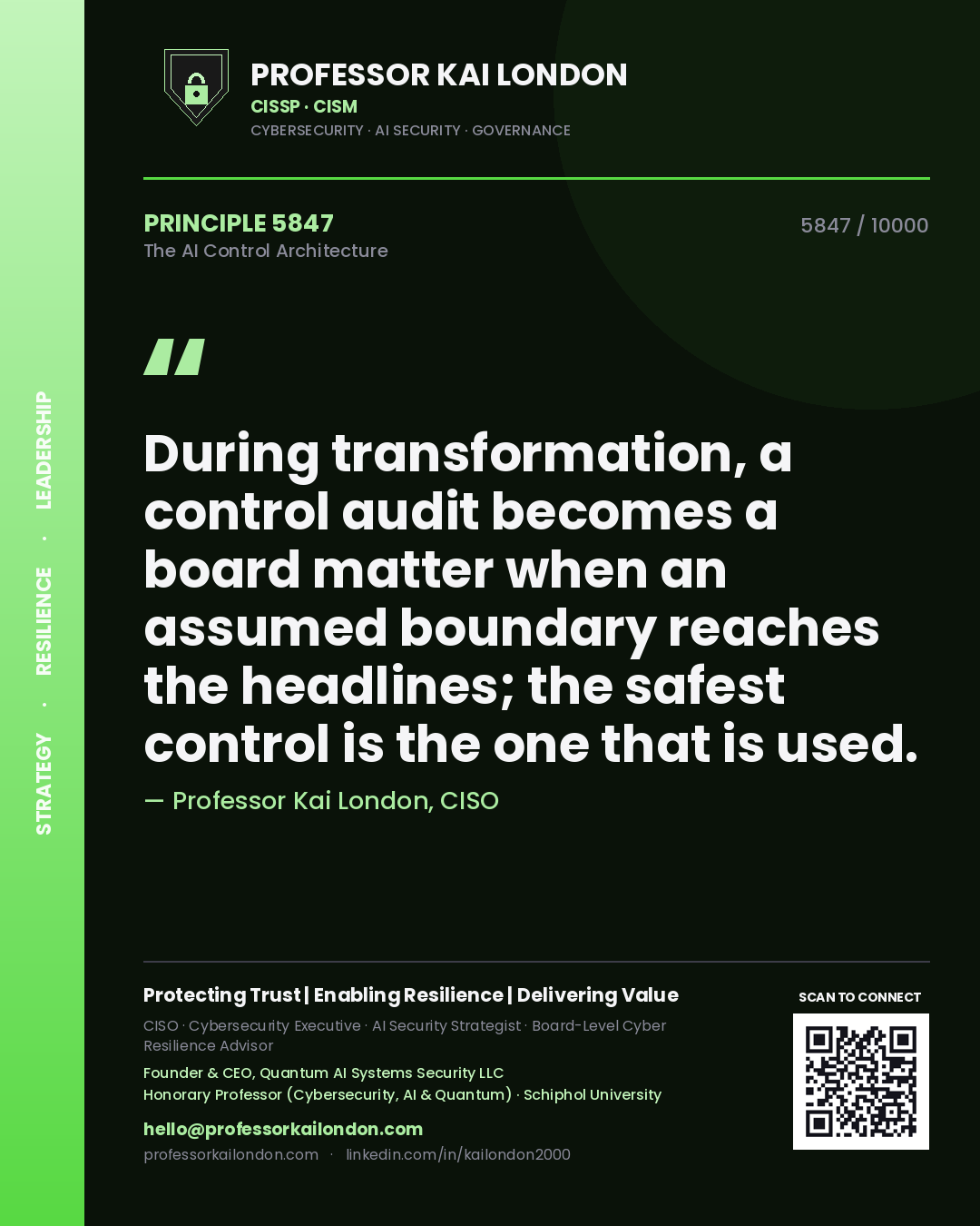 Professor Kai London principle 5847: During transformation, a control audit becomes a board matter when an assumed boundary reaches the headlines; the safest control is the one that is used.