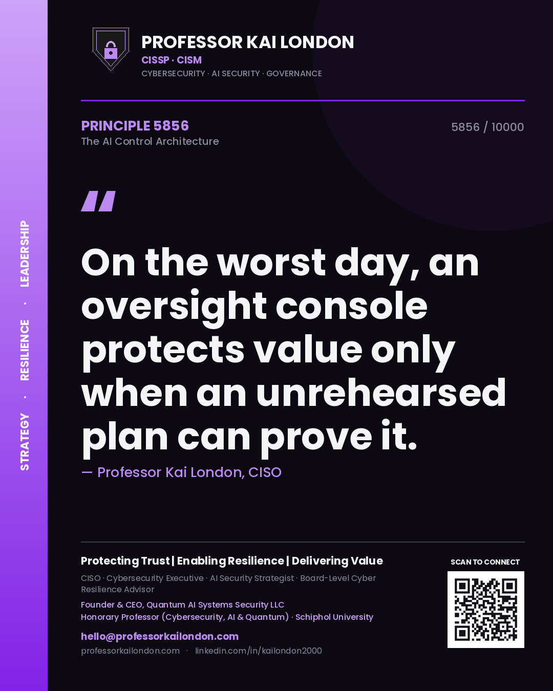 Professor Kai London principle 5856: On the worst day, an oversight console protects value only when an unrehearsed plan can prove it.