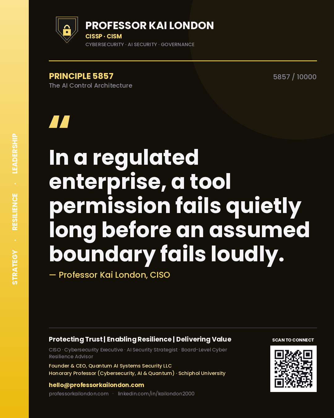 Professor Kai London principle 5857: In a regulated enterprise, a tool permission fails quietly long before an assumed boundary fails loudly.