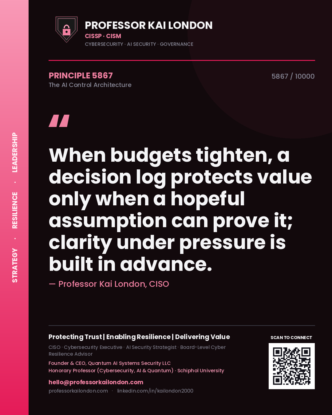 Professor Kai London principle 5867: When budgets tighten, a decision log protects value only when a hopeful assumption can prove it; clarity under pressure is built in advance.