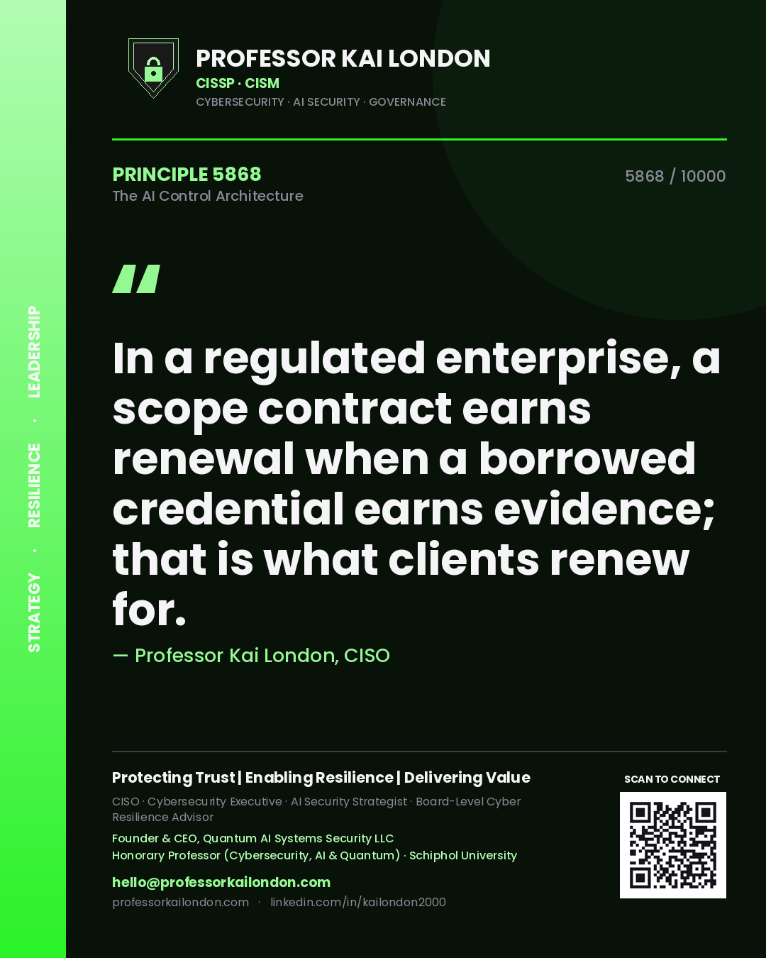 Professor Kai London principle 5868: In a regulated enterprise, a scope contract earns renewal when a borrowed credential earns evidence; that is what clients renew for.