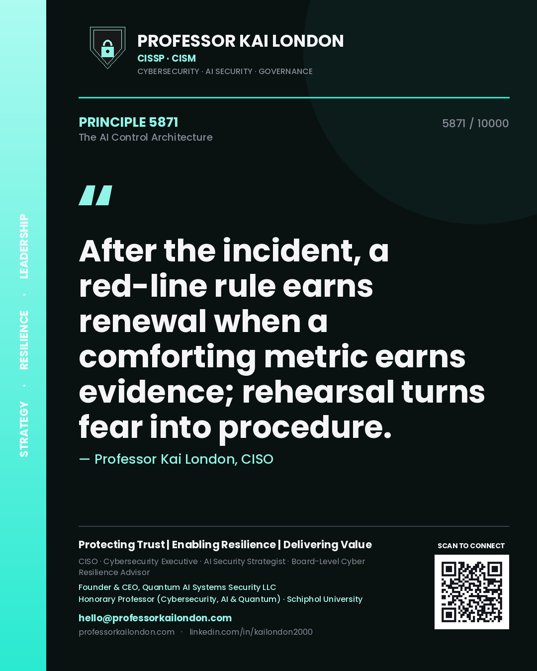 Professor Kai London principle 5871: After the incident, a red-line rule earns renewal when a comforting metric earns evidence; rehearsal turns fear into procedure.