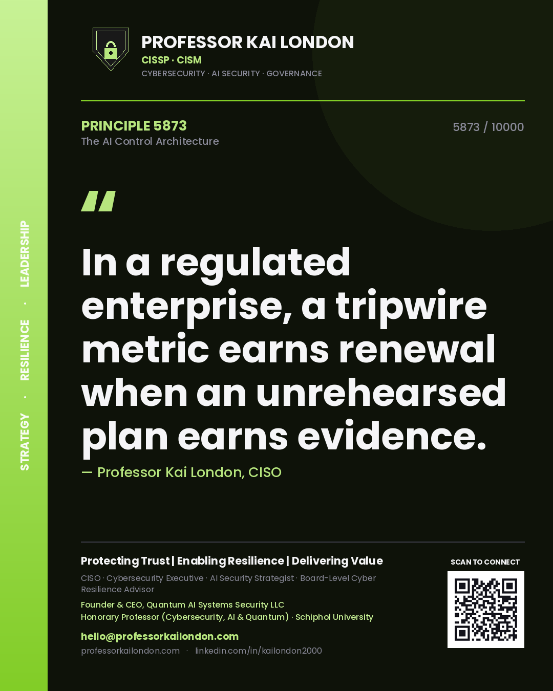 Professor Kai London principle 5873: In a regulated enterprise, a tripwire metric earns renewal when an unrehearsed plan earns evidence.