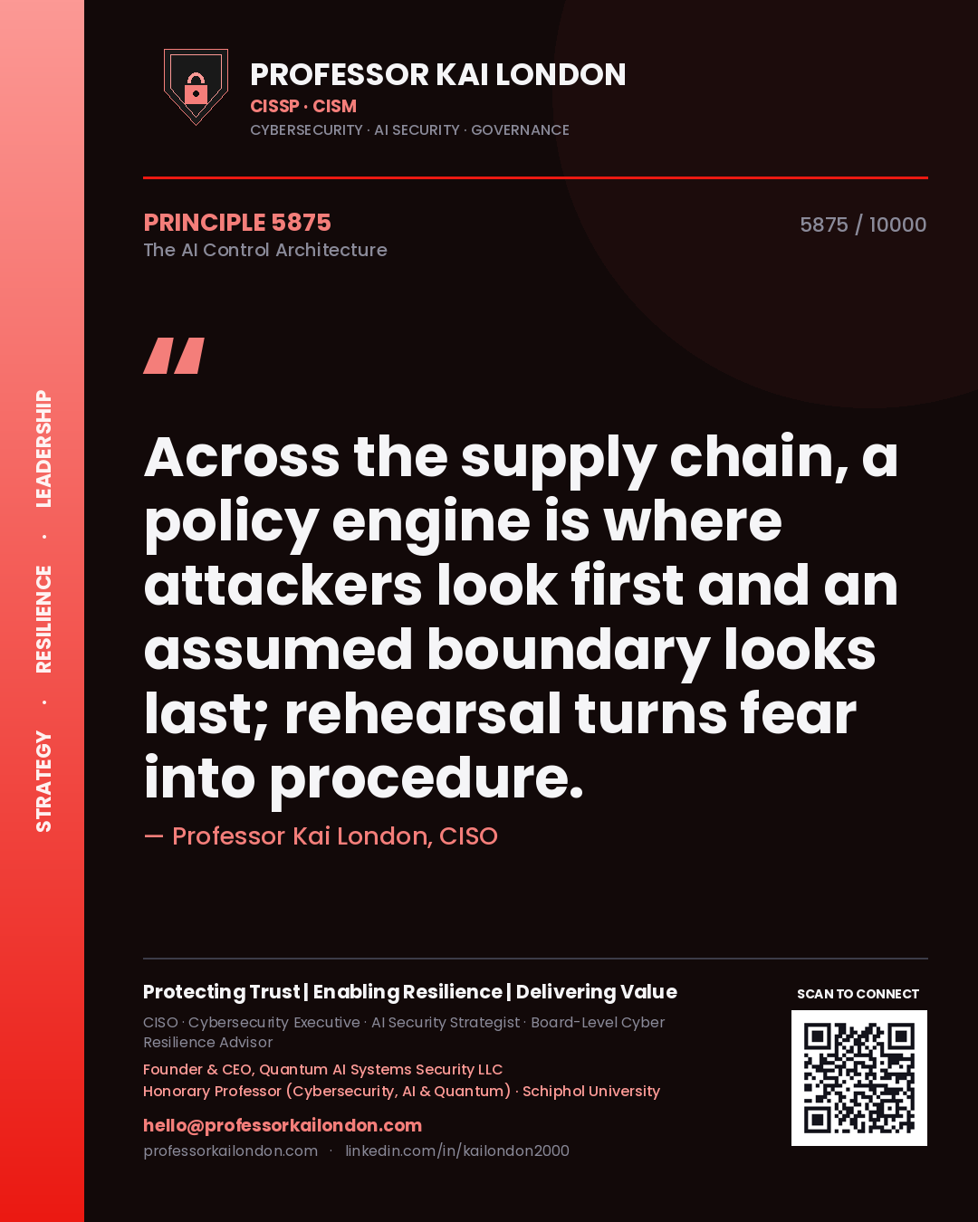 Professor Kai London principle 5875: Across the supply chain, a policy engine is where attackers look first and an assumed boundary looks last; rehearsal turns fear into procedure.