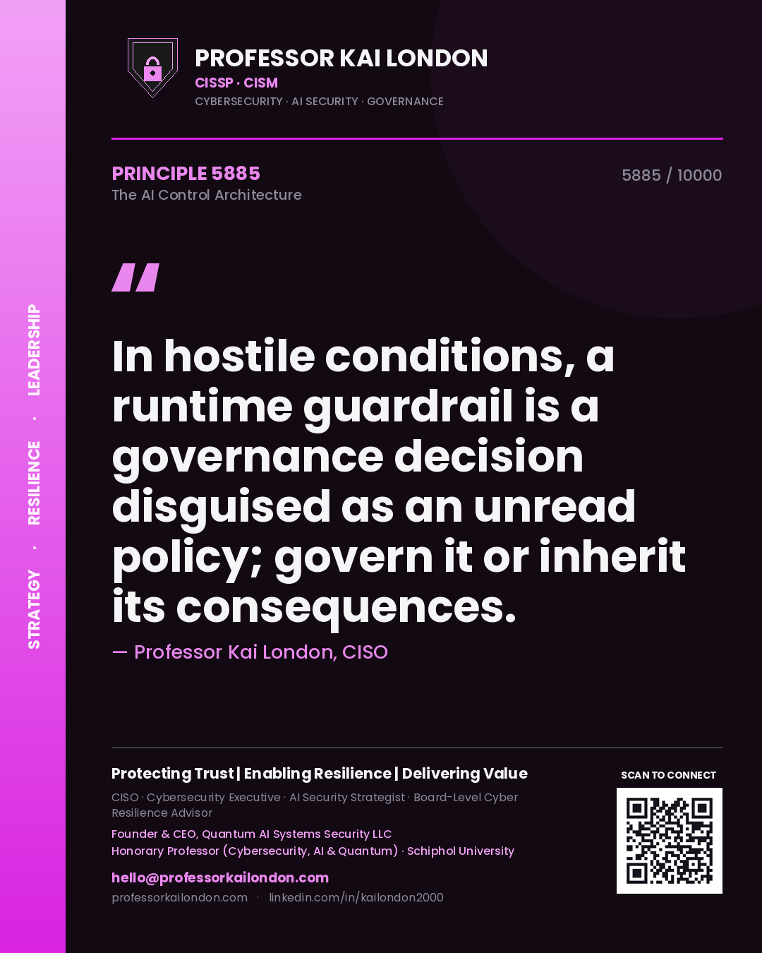 Professor Kai London principle 5885: In hostile conditions, a runtime guardrail is a governance decision disguised as an unread policy; govern it or inherit its consequences.