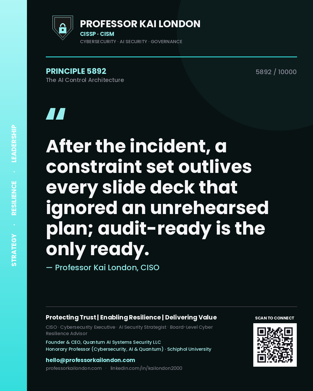 Professor Kai London principle 5892: After the incident, a constraint set outlives every slide deck that ignored an unrehearsed plan; audit-ready is the only ready.