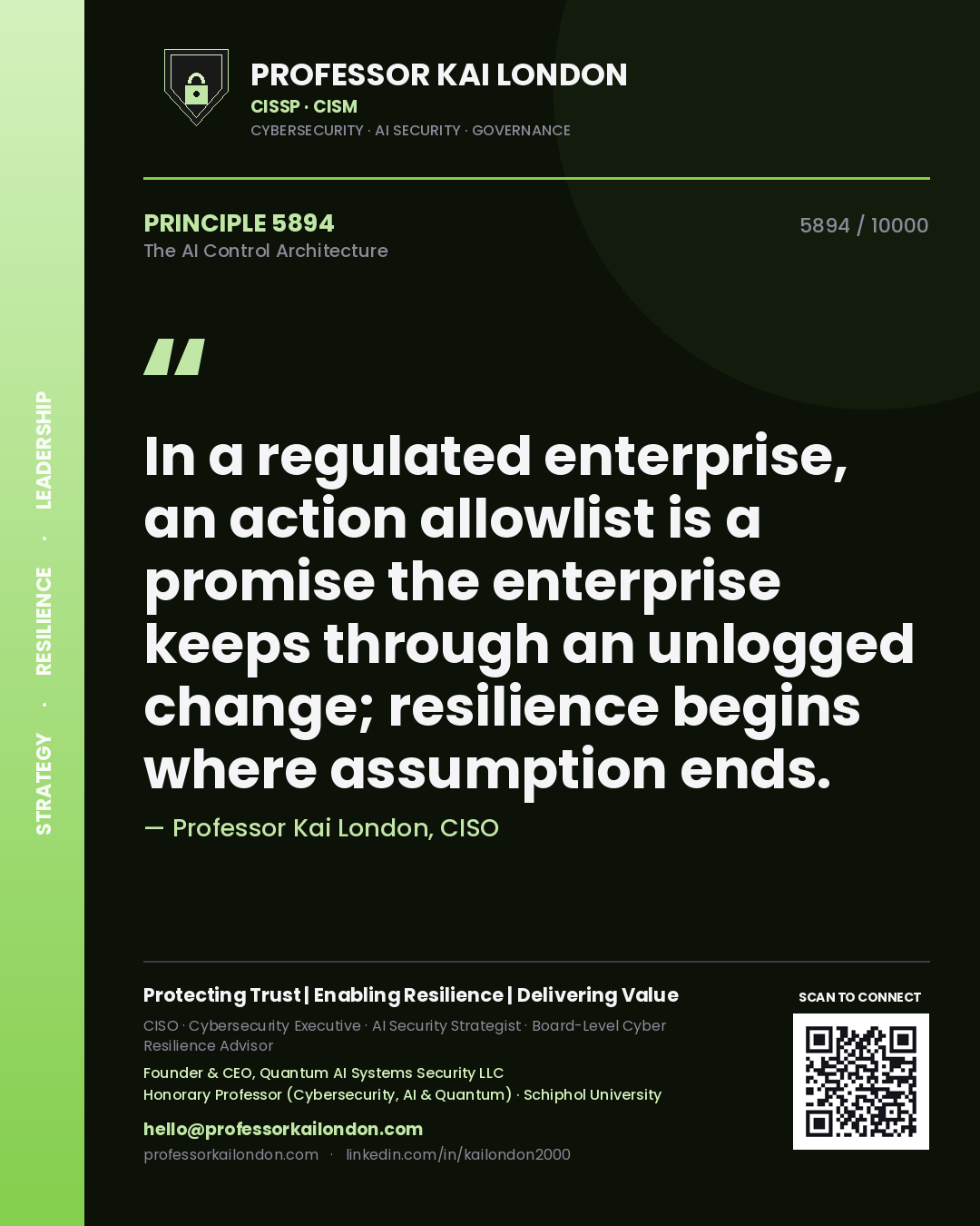 Professor Kai London principle 5894: In a regulated enterprise, an action allowlist is a promise the enterprise keeps through an unlogged change; resilience begins where assumption ends.