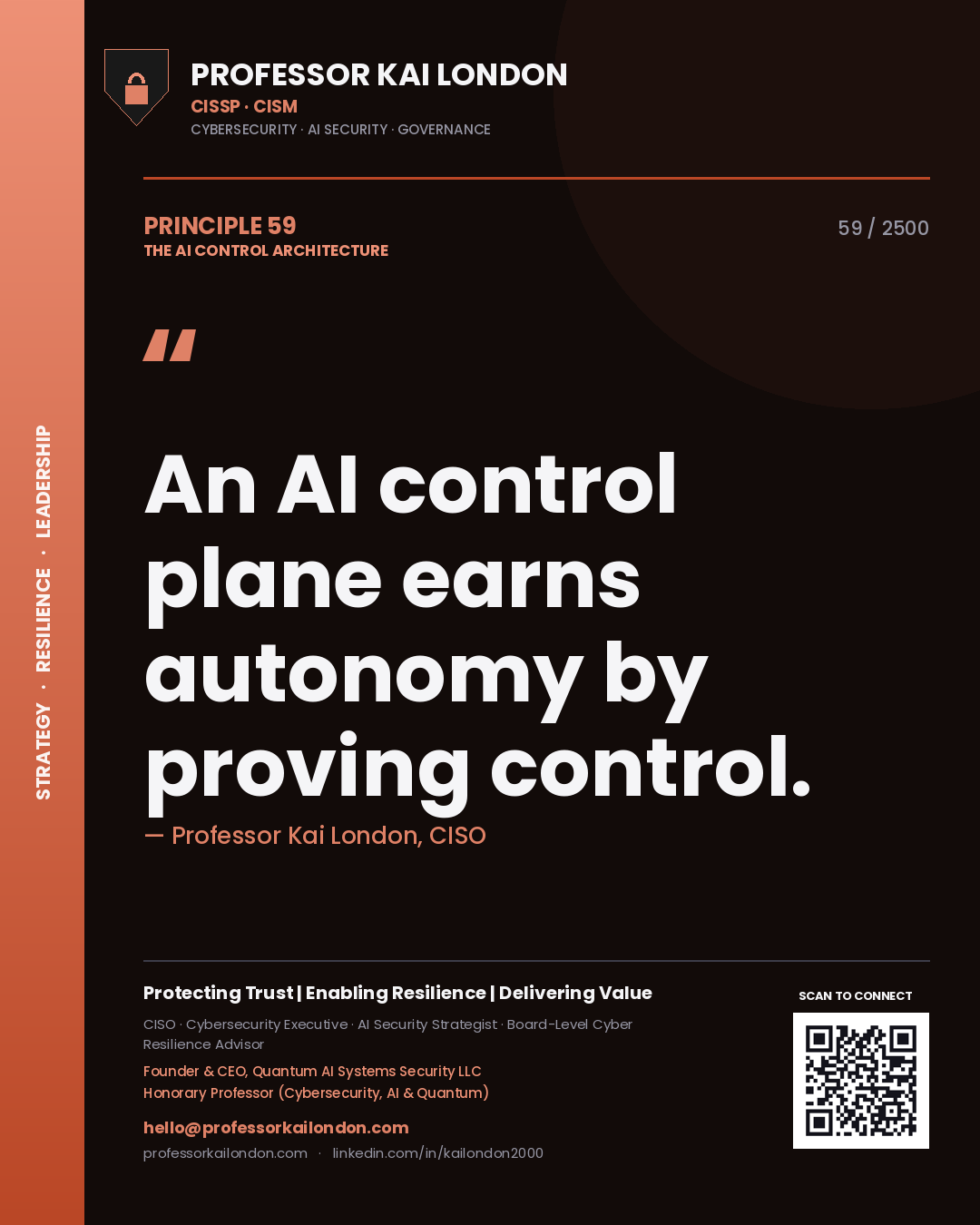 Professor Kai London principle 59: An AI control plane earns autonomy by proving control.