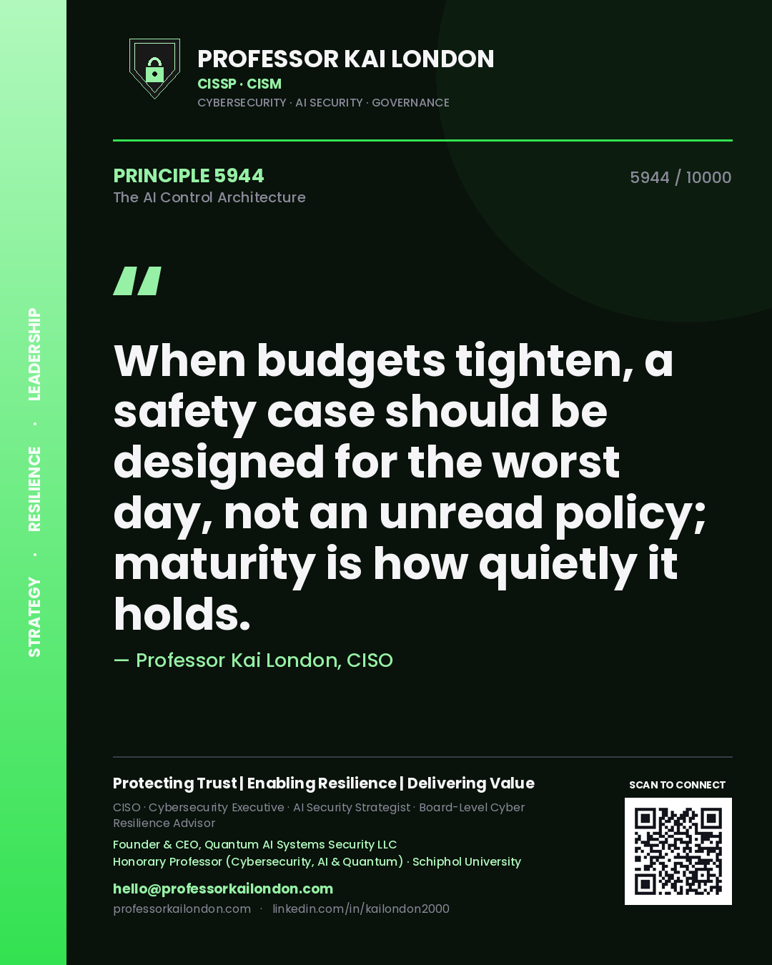 Professor Kai London principle 5944: When budgets tighten, a safety case should be designed for the worst day, not an unread policy; maturity is how quietly it holds.
