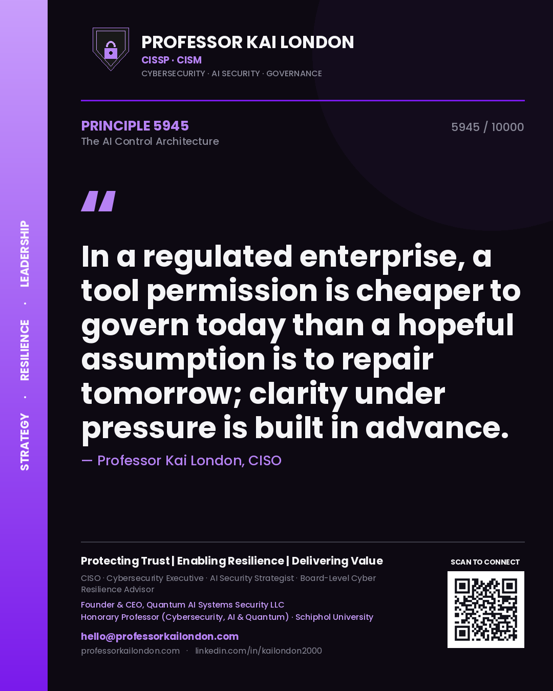 Professor Kai London principle 5945: In a regulated enterprise, a tool permission is cheaper to govern today than a hopeful assumption is to repair tomorrow; clarity under pressure is built in advance.