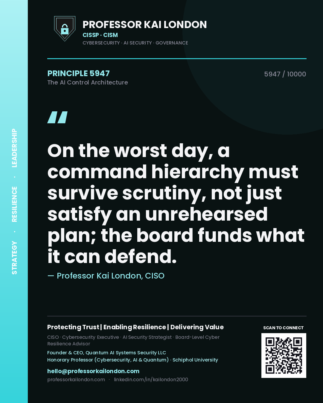 Professor Kai London principle 5947: On the worst day, a command hierarchy must survive scrutiny, not just satisfy an unrehearsed plan; the board funds what it can defend.