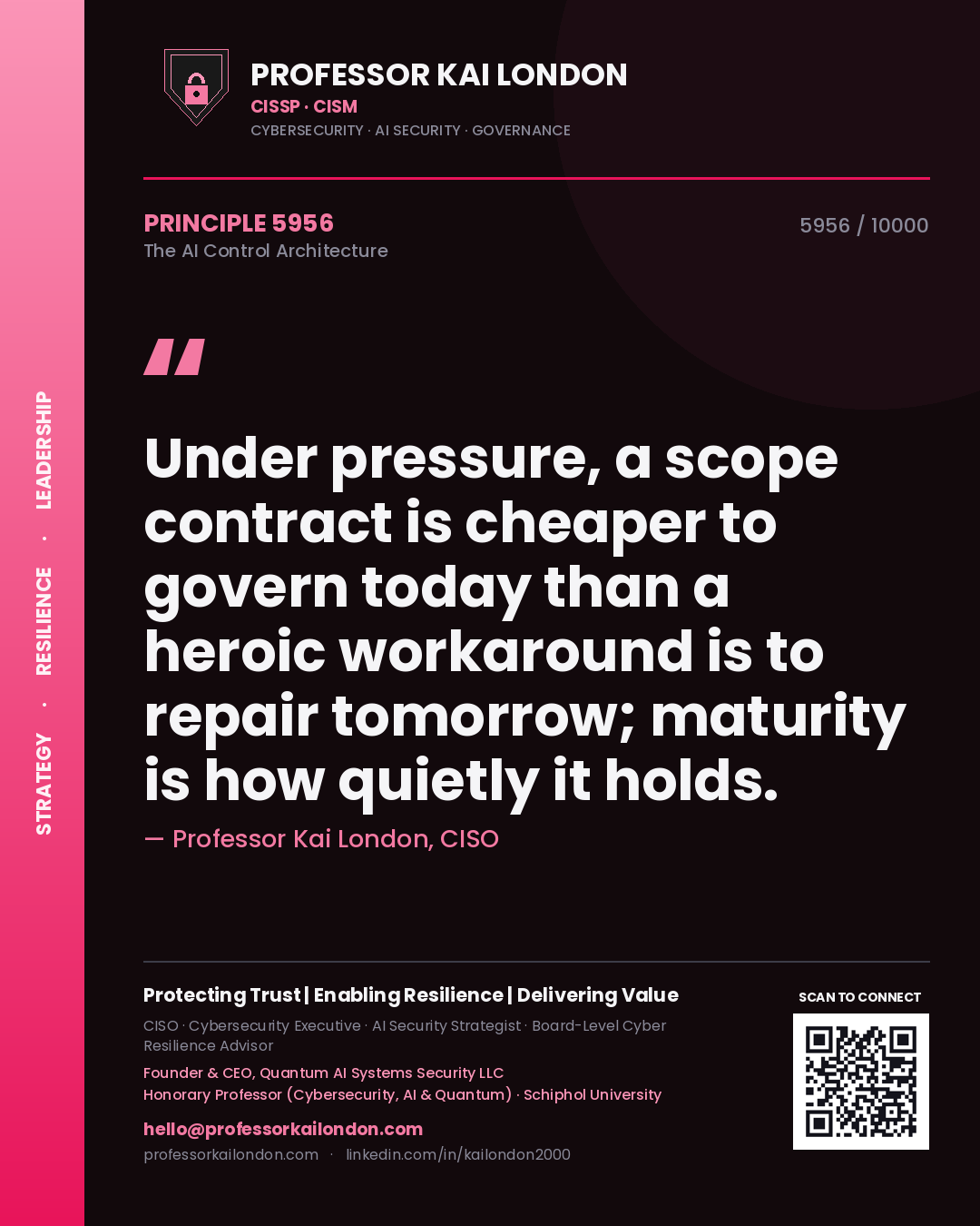 Professor Kai London principle 5956: Under pressure, a scope contract is cheaper to govern today than a heroic workaround is to repair tomorrow; maturity is how quietly it holds.