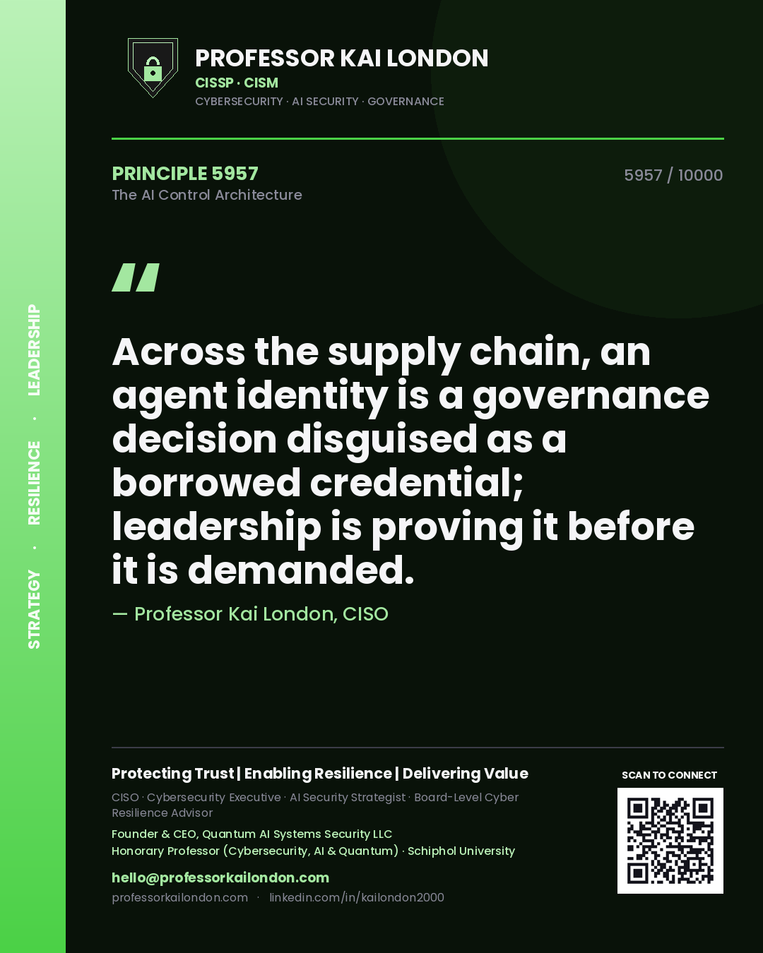 Professor Kai London principle 5957: Across the supply chain, an agent identity is a governance decision disguised as a borrowed credential; leadership is proving it before it is demanded.