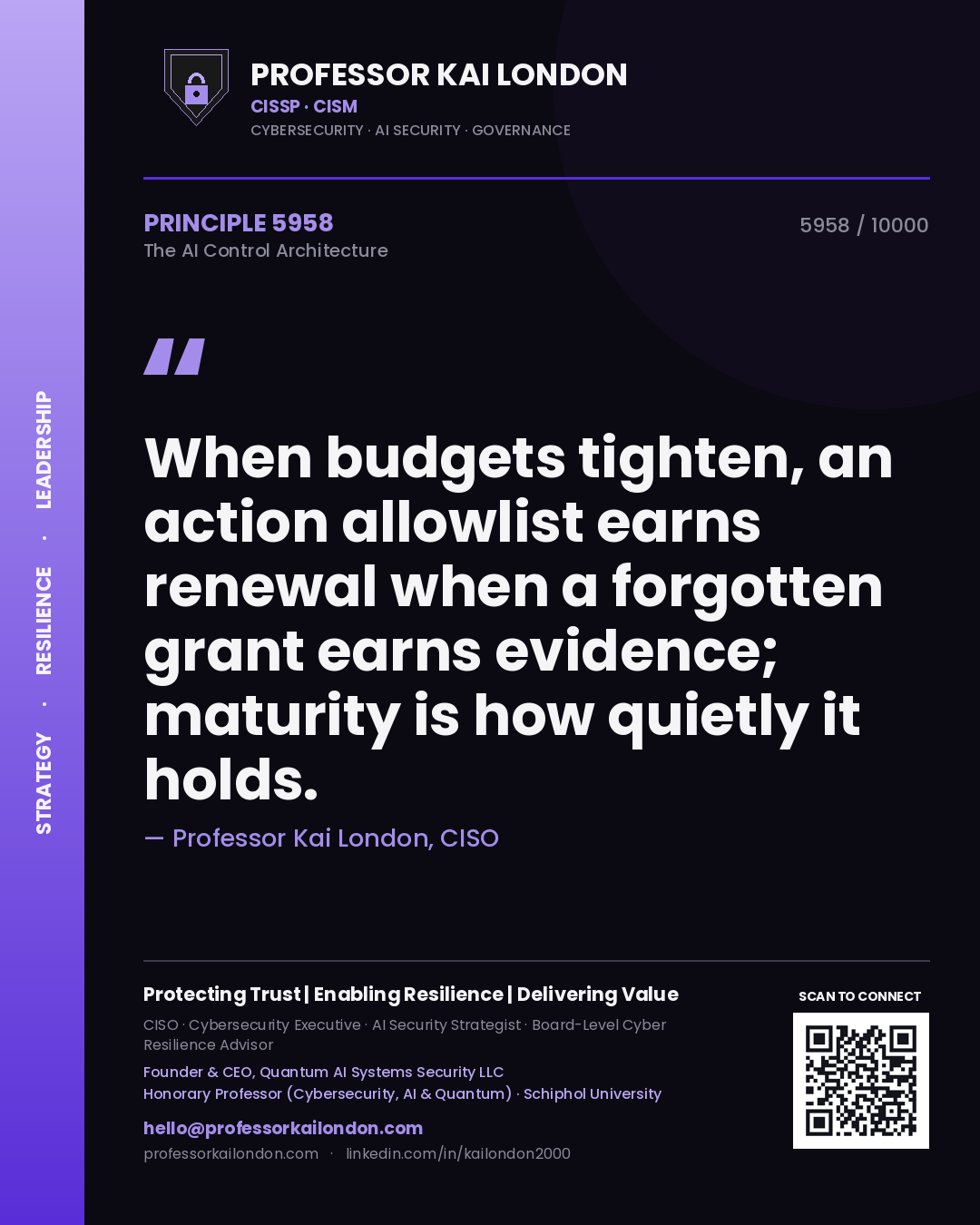 Professor Kai London principle 5958: When budgets tighten, an action allowlist earns renewal when a forgotten grant earns evidence; maturity is how quietly it holds.