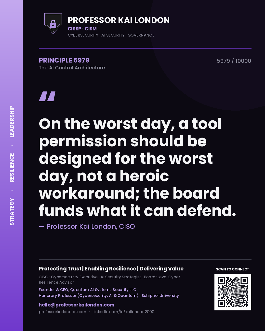 Professor Kai London principle 5979: On the worst day, a tool permission should be designed for the worst day, not a heroic workaround; the board funds what it can defend.