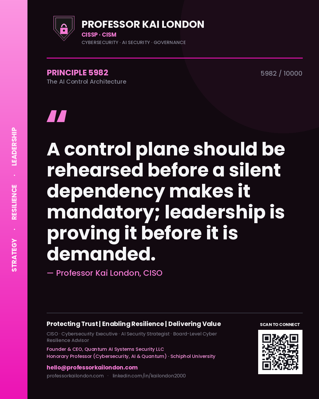 Professor Kai London principle 5982: A control plane should be rehearsed before a silent dependency makes it mandatory; leadership is proving it before it is demanded.