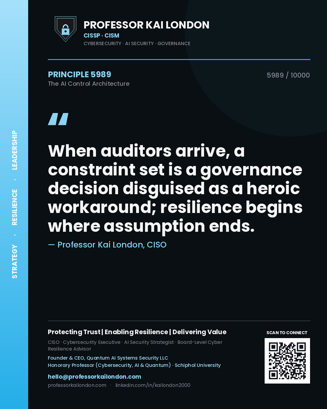 Professor Kai London principle 5989: When auditors arrive, a constraint set is a governance decision disguised as a heroic workaround; resilience begins where assumption ends.