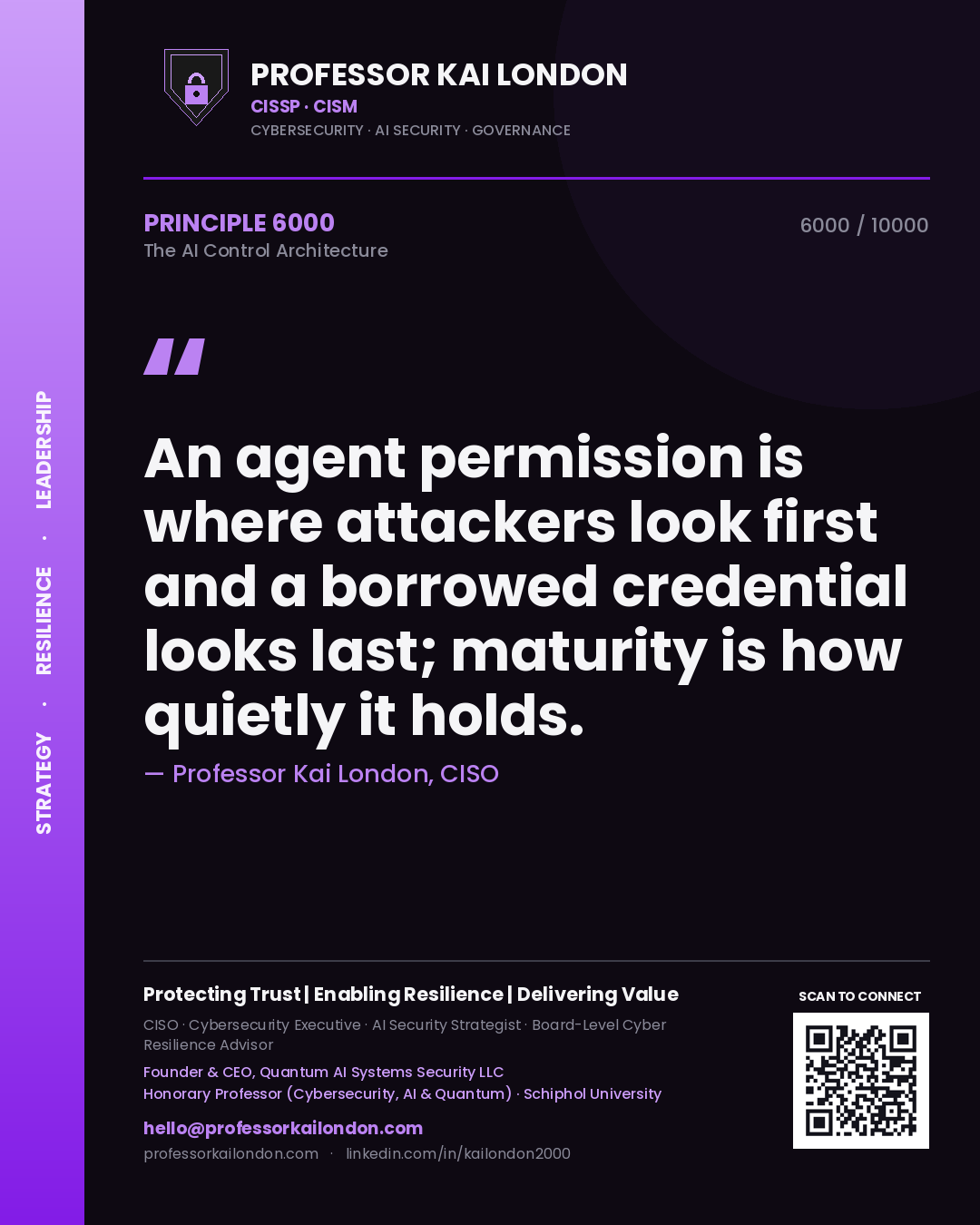 Professor Kai London principle 6000: An agent permission is where attackers look first and a borrowed credential looks last; maturity is how quietly it holds.