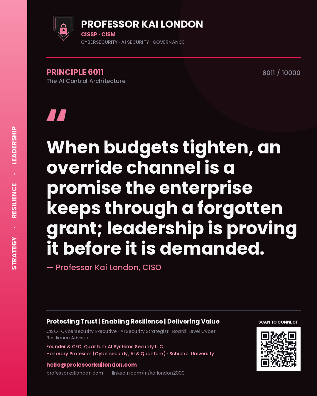Professor Kai London principle 6011: When budgets tighten, an override channel is a promise the enterprise keeps through a forgotten grant; leadership is proving it before it is demanded.