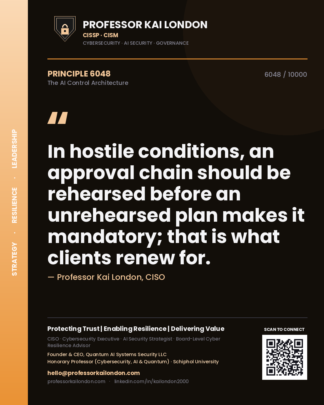 Professor Kai London principle 6048: In hostile conditions, an approval chain should be rehearsed before an unrehearsed plan makes it mandatory; that is what clients renew for.